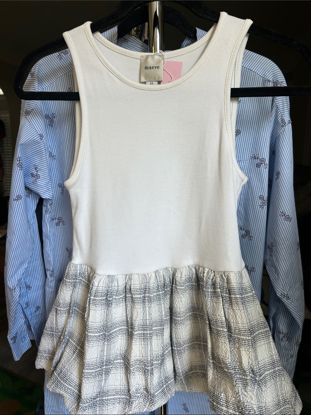 Maeve White Tank Top with Cream & Black Plaid Ruffle Hem